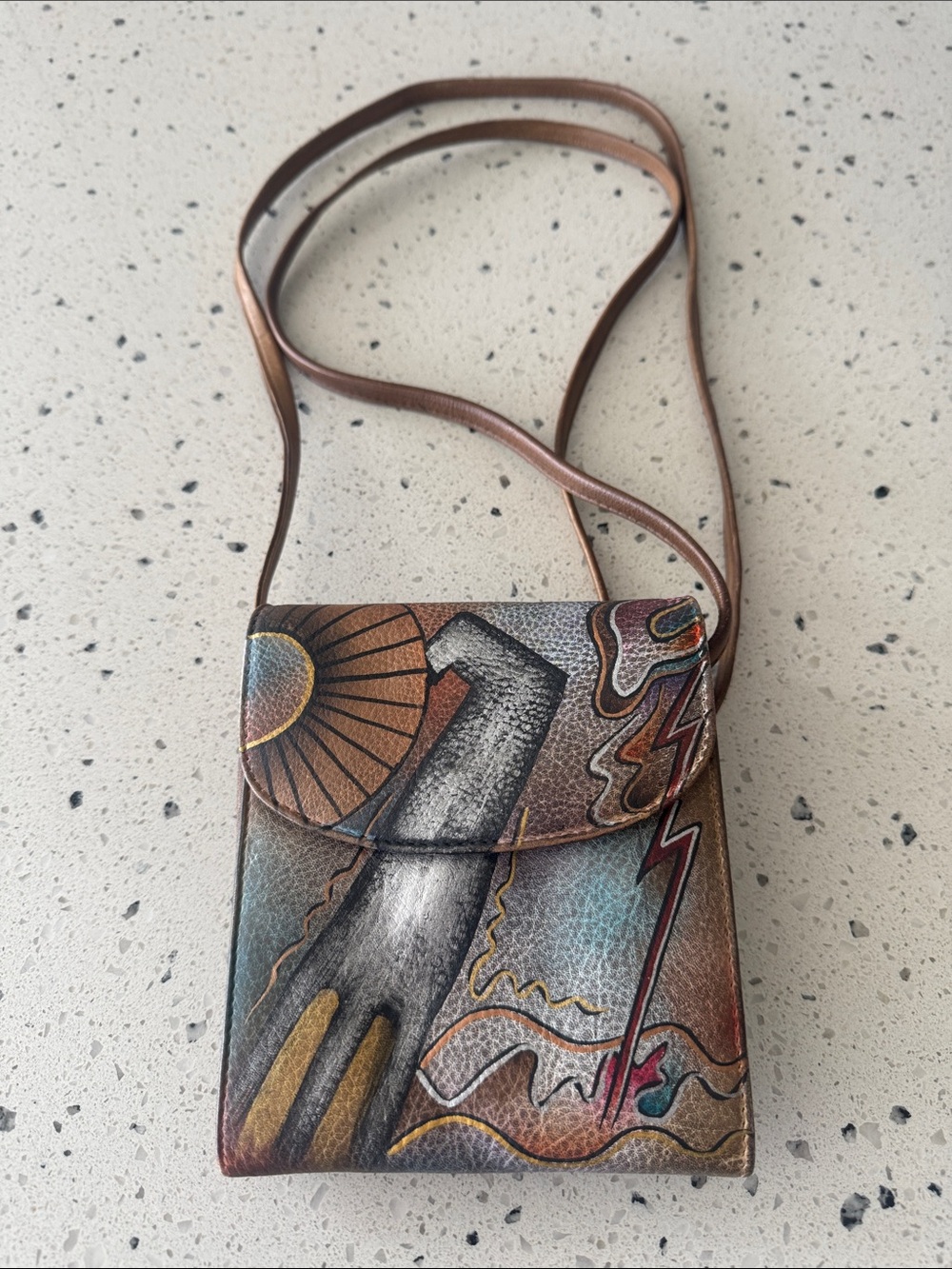 Anuschka Genuine Leather Hand-Painted Multicolor Crossbody Bag Cardholder EUC